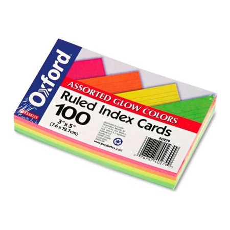 Esselte Oxford  Rule Index Cards, 3" x 5", Glow Assorted, 100/Pack 40279